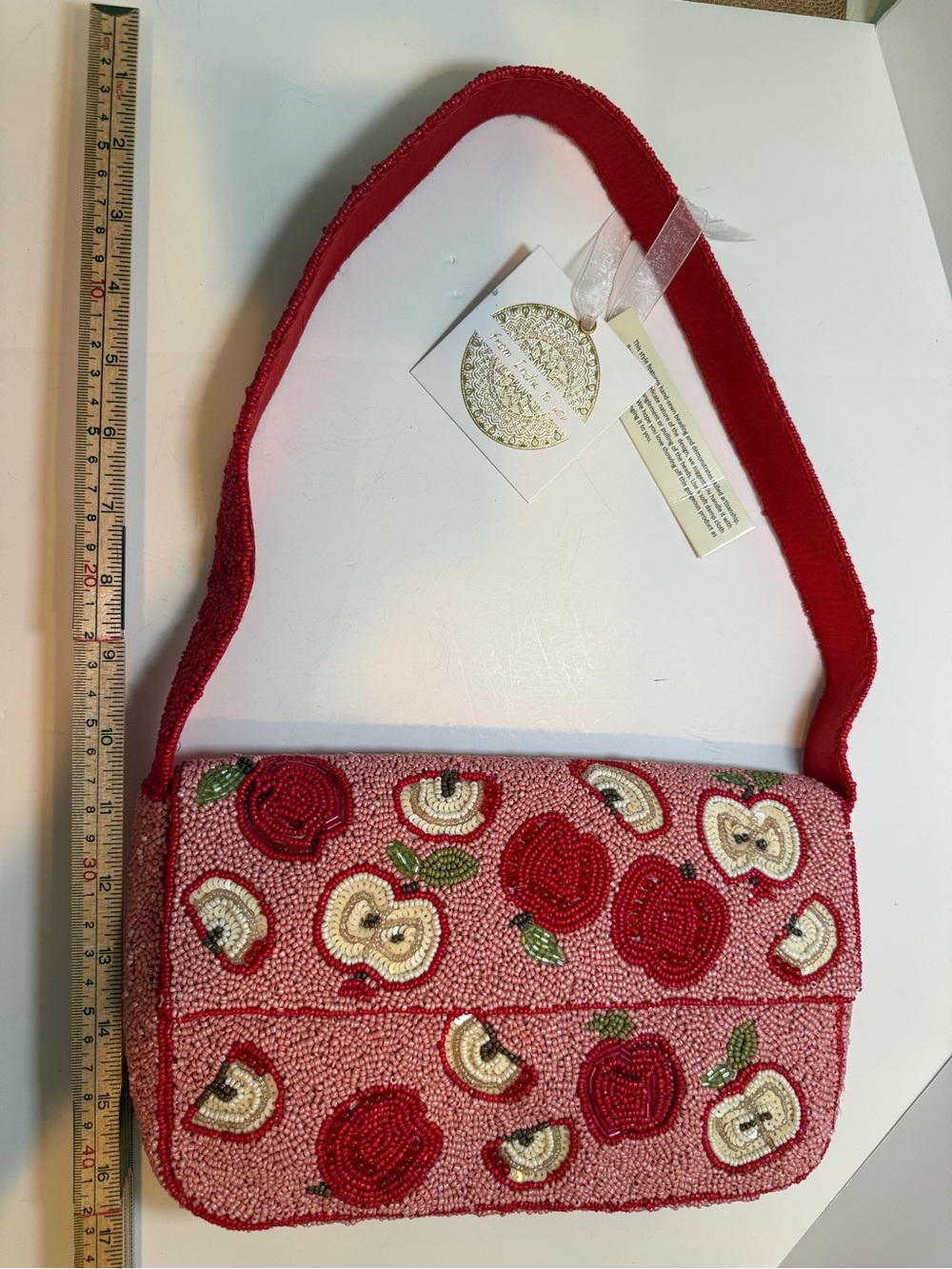 * Pink Beaded Shoulder Bag with Red Apple Motif